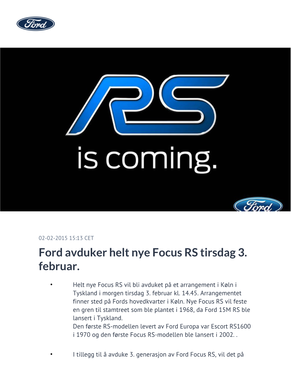 Ford Avduker Helt Nye Focus RS Tirsdag 3. Februar