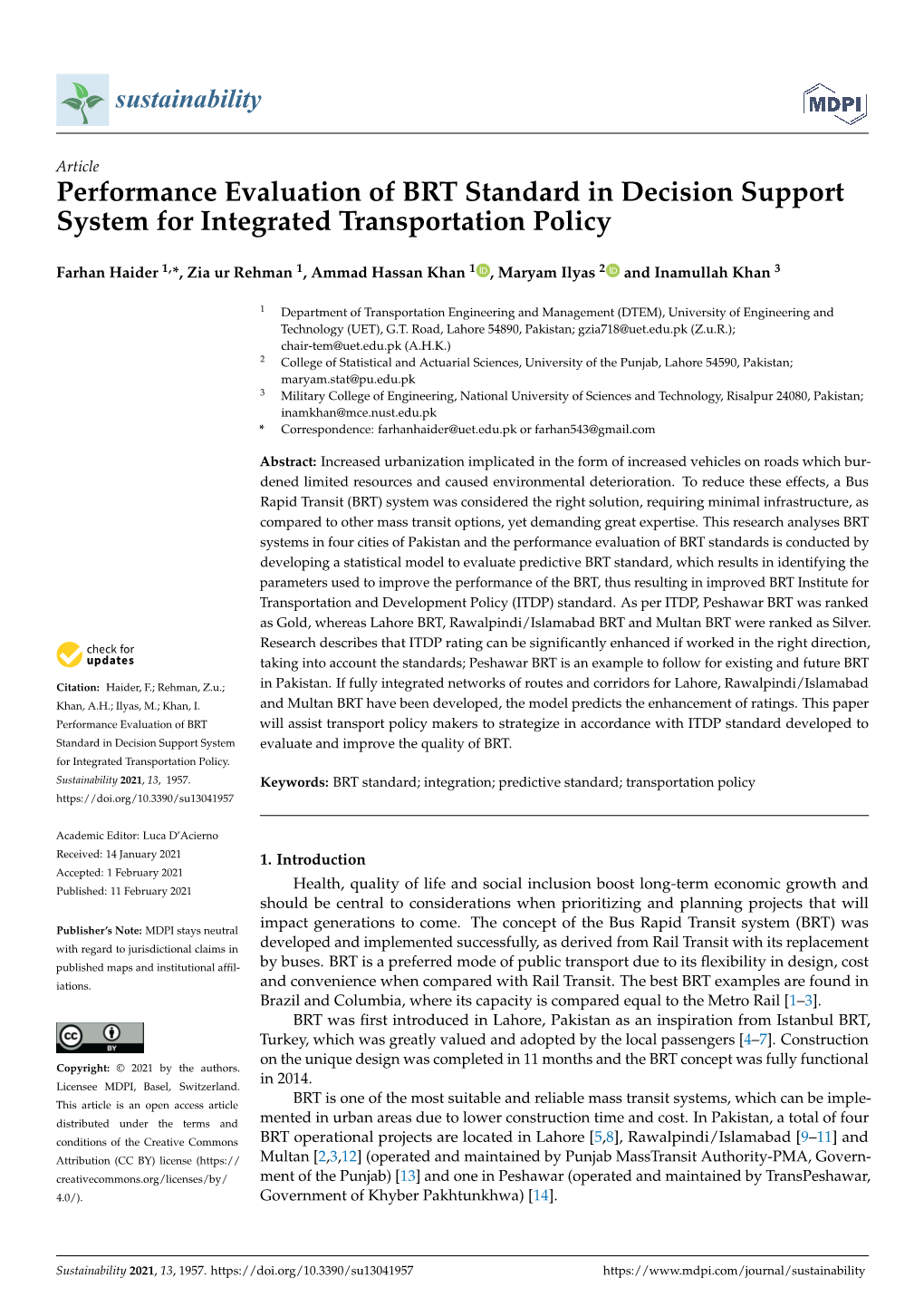 Performance Evaluation of BRT Standard in Decision Support System for Integrated Transportation Policy