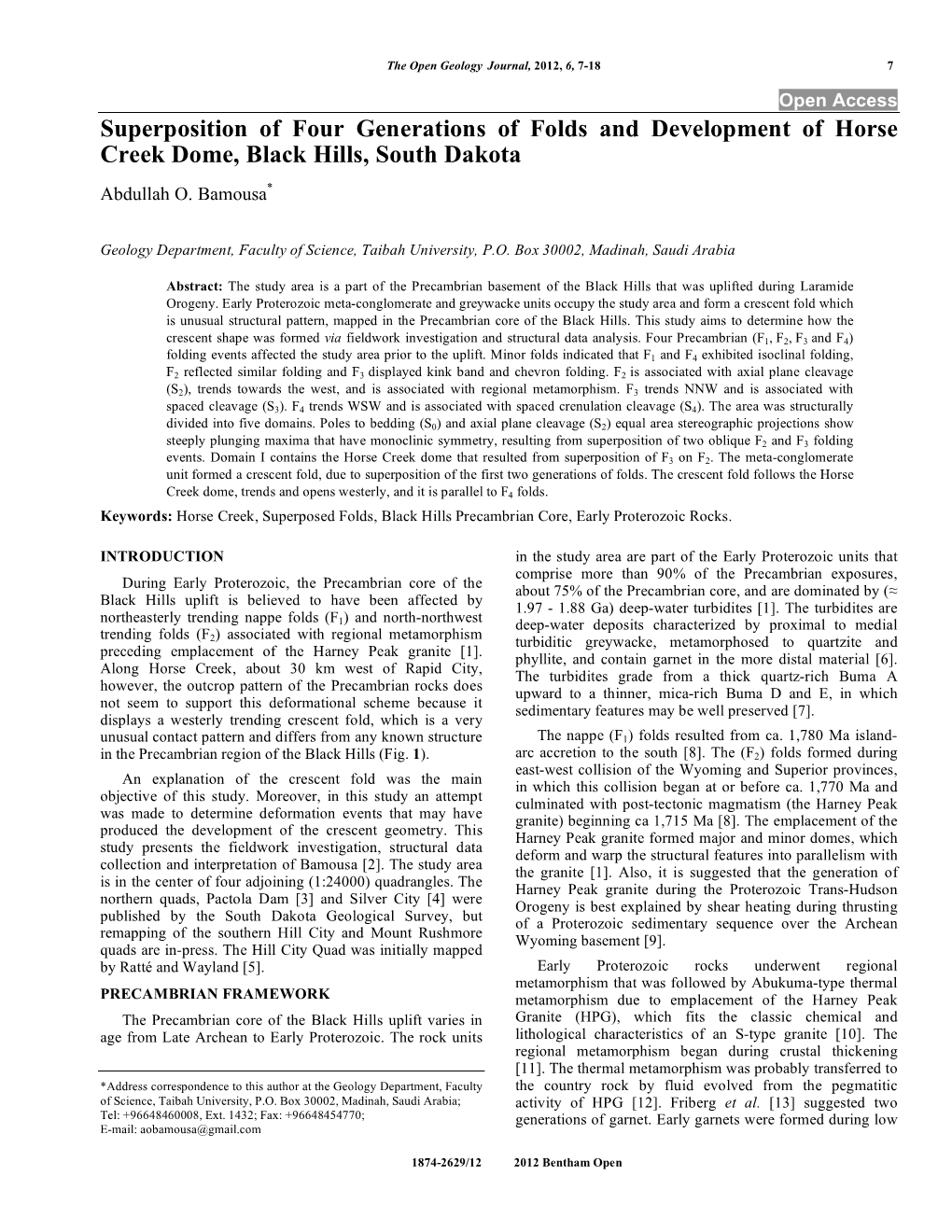 Superposition of Four Generations of Folds and Development of Horse Creek Dome, Black Hills, South Dakota Abdullah O