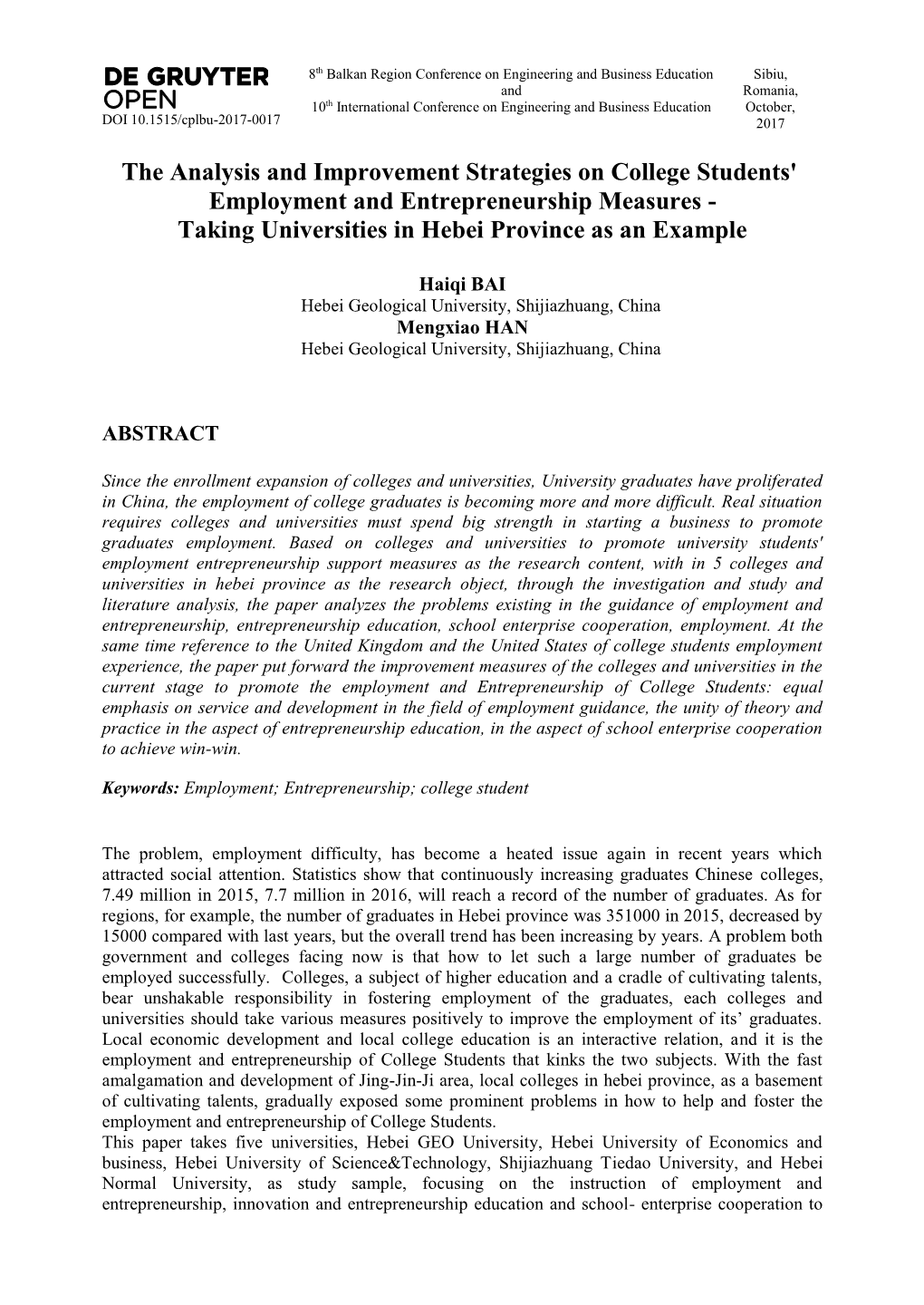 The Analysis and Improvement Strategies on College Students' Employment and Entrepreneurship Measures - Taking Universities in Hebei Province As an Example