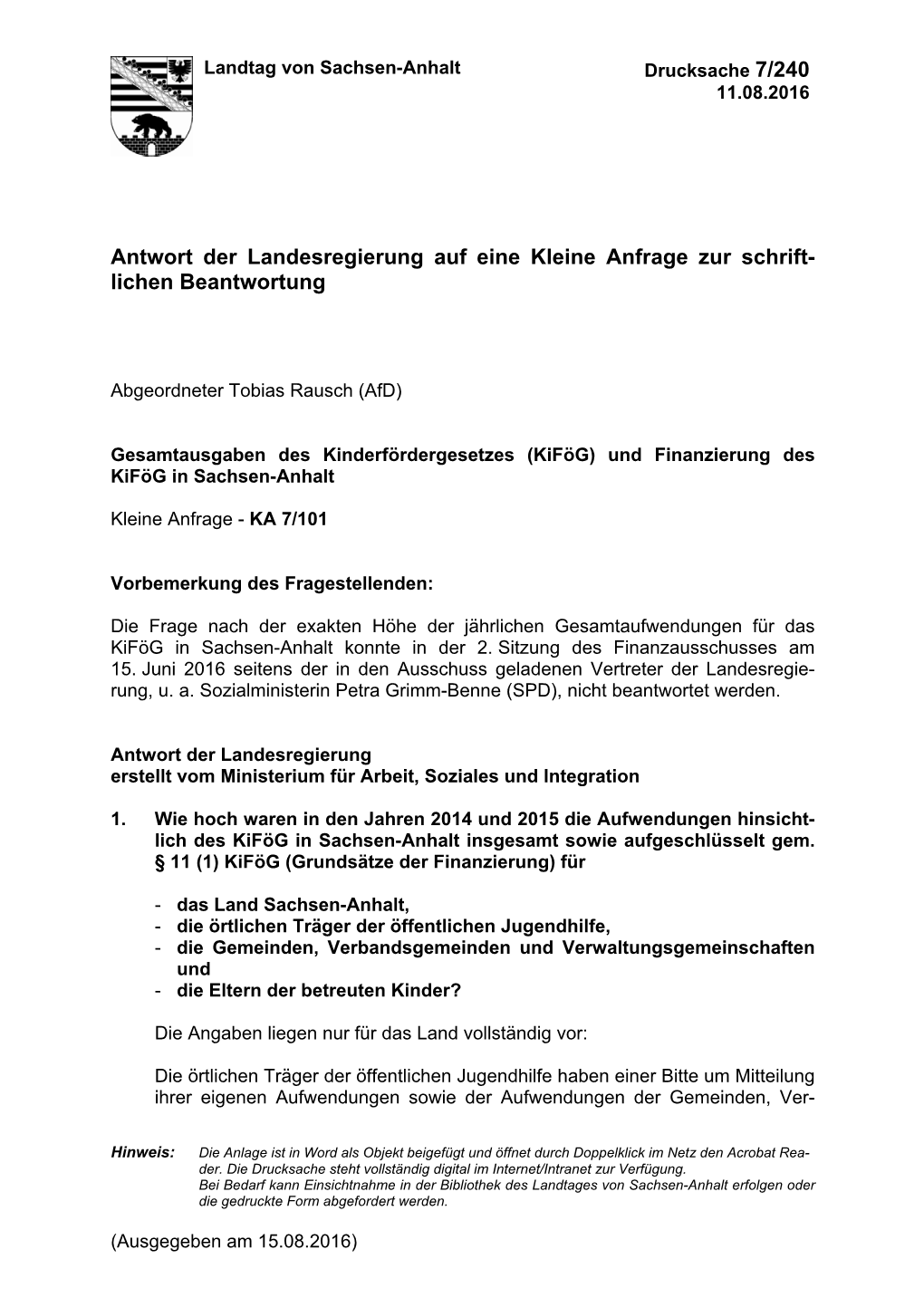 Kifög) Und Finanzierung Des Kifög in Sachsen-Anhalt