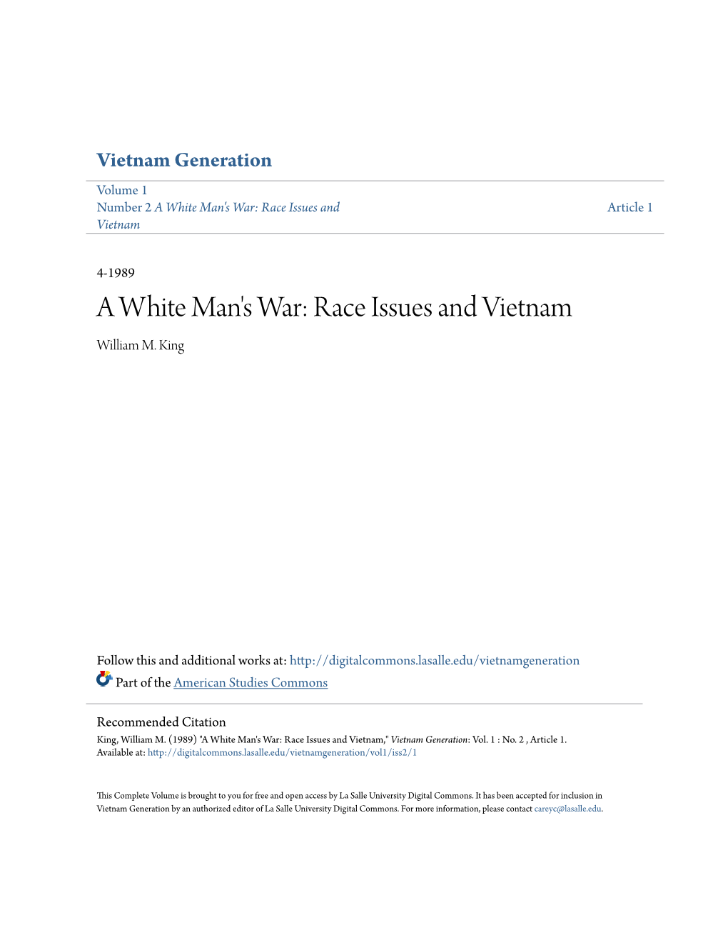 A White Man's War: Race Issues and Vietnam William M