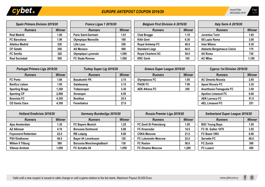 Europe Antepost Coupon 2019/20 08/03/2020 09:51 1 / 7