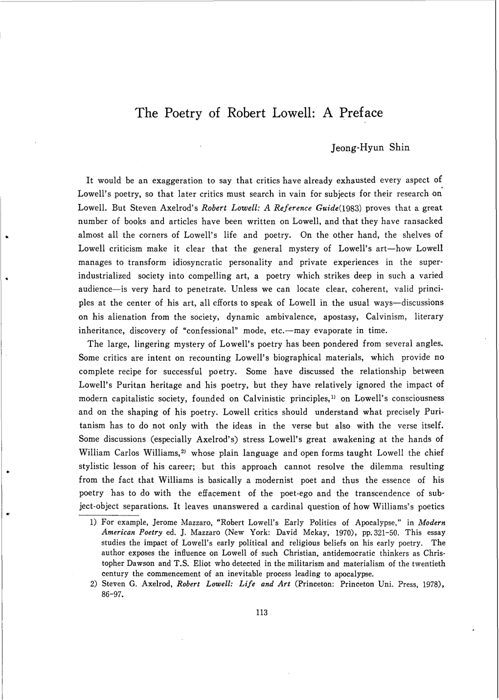 The Poetry of Robert Lowell: a Preface