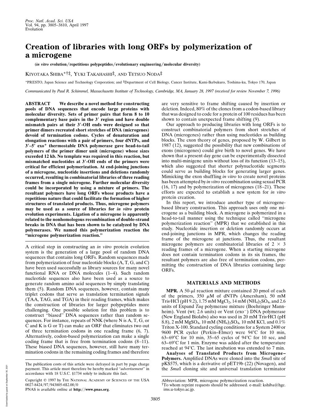 Creation of Libraries with Long Orfs by Polymerization of a Microgene (In Vitro Evolution͞repetitious Polypeptides͞evolutionary Engineering͞molecular Diversity)