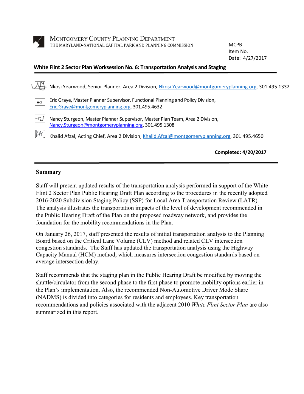 White Flint 2 Sector Plan Worksession No. 6: Transportation Analysis and Staging