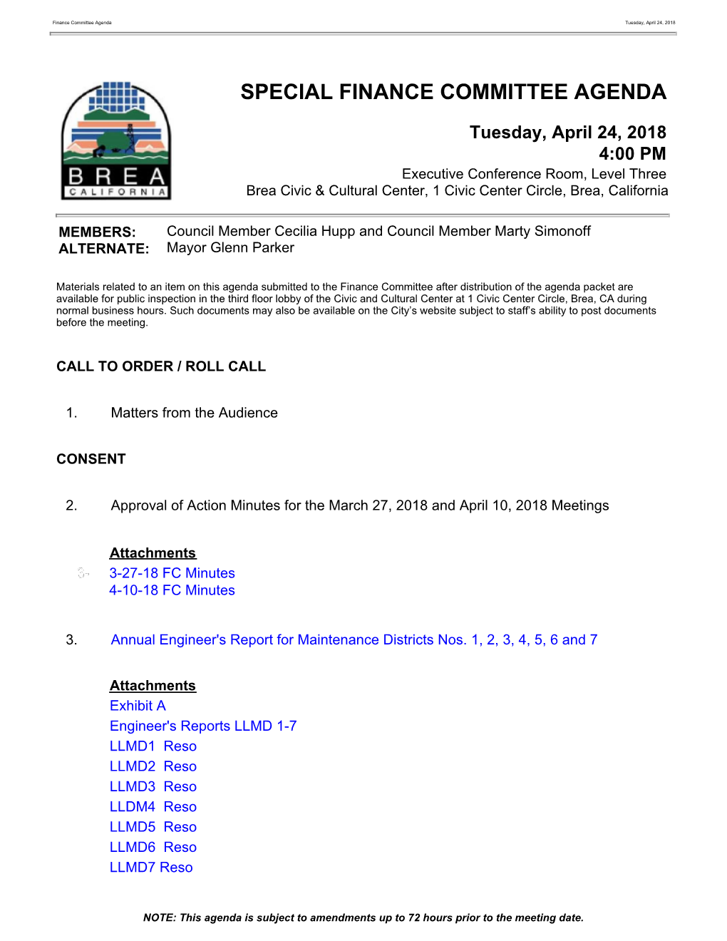 Special Finance Committee Agenda