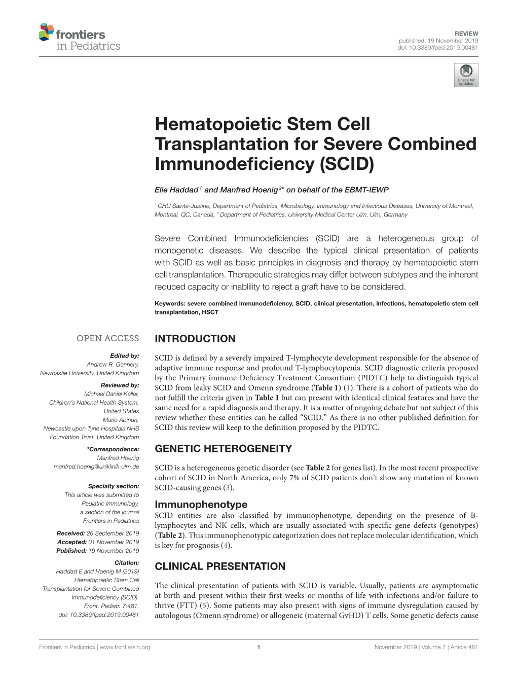 Hematopoietic Stem Cell Transplantation for Severe Combined Immunodeﬁciency (SCID)