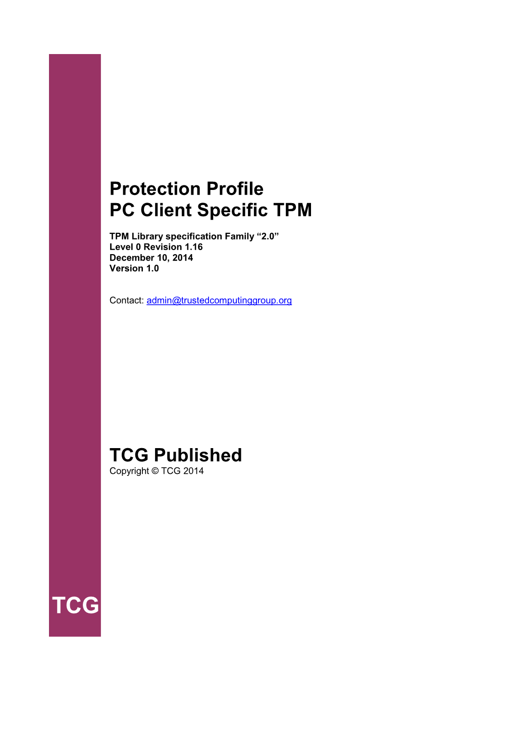 Protection Profile PC Client Specific TPM TCG Published