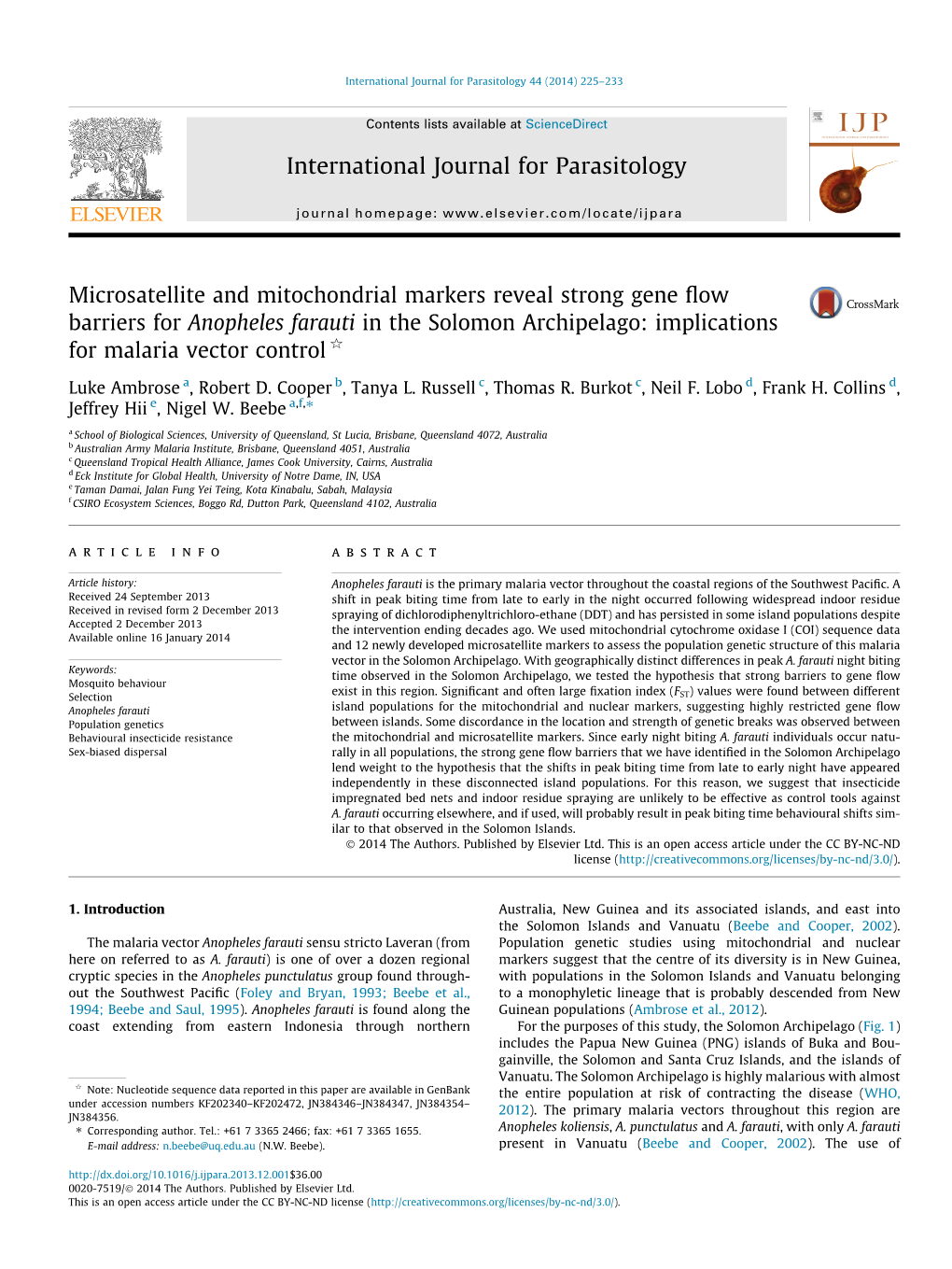 Microsatellite and Mitochondrial Markers Reveal Strong Gene ﬂow Barriers for Anopheles Farauti in the Solomon Archipelago: Implications for Malaria Vector Control Q