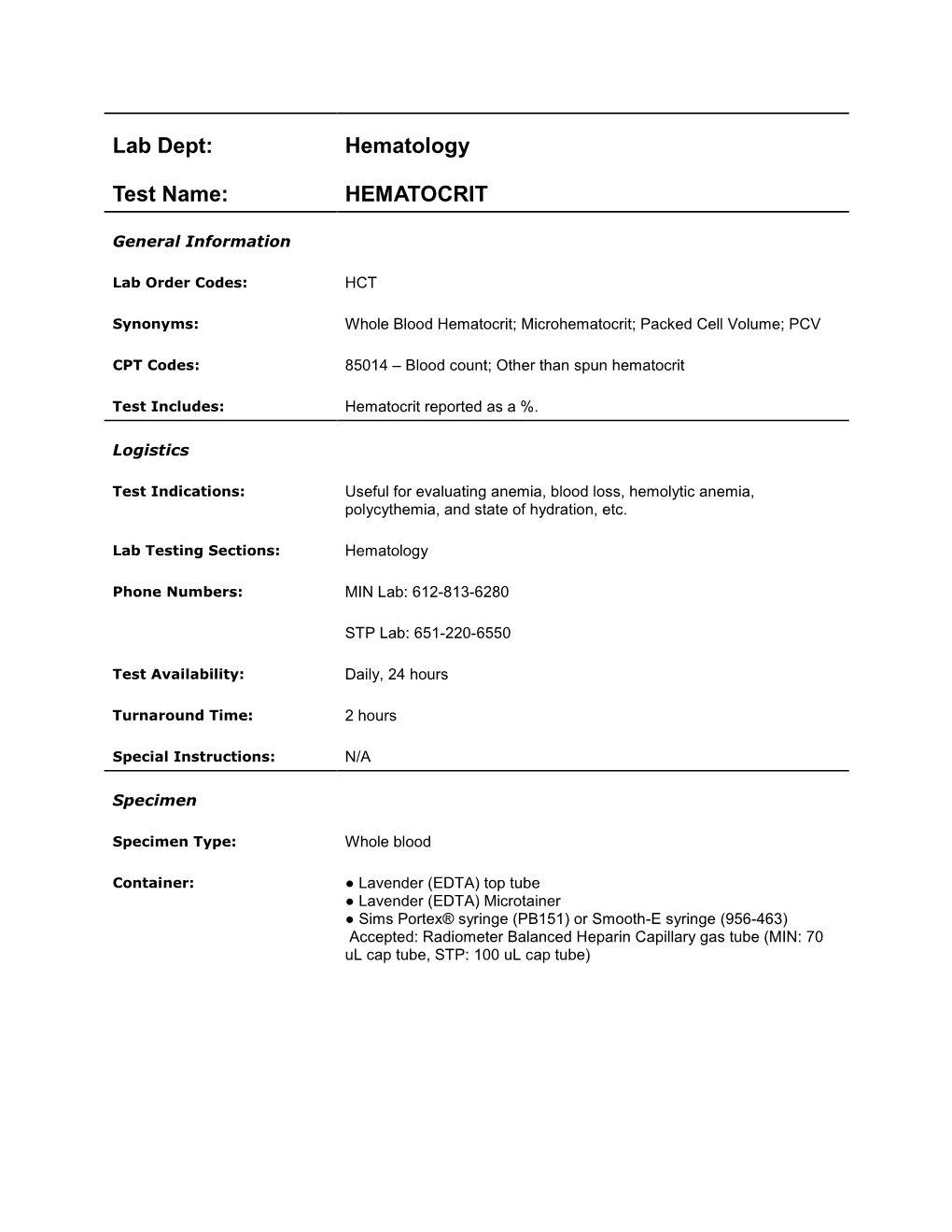 Lab Dept: Hematology Test Name: HEMATOCRIT