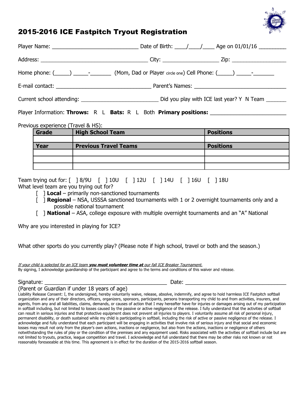 2010 ICE Fastpitch Tryout Registration