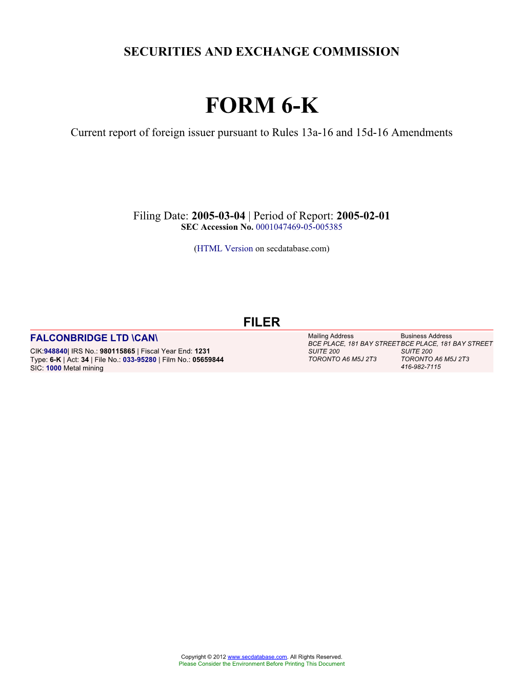 FALCONBRIDGE LTD \CAN\ (Form: 6-K, Filing Date: 03