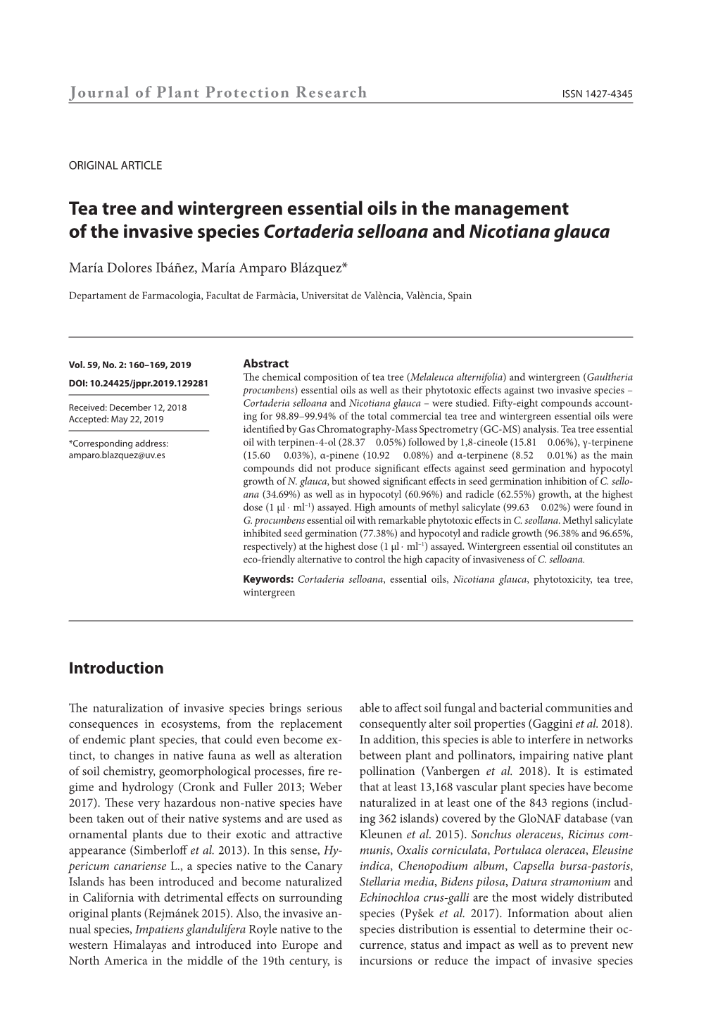 Tea Tree and Wintergreen Essential Oils in the Management of the Invasive Species Cortaderia Selloana and Nicotiana Glauca