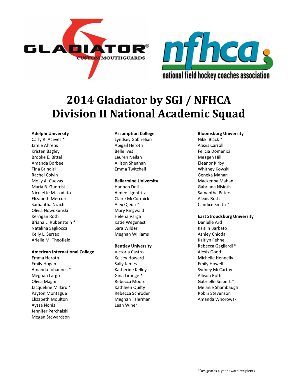 2014 Gladiator by SGI / NFHCA Division II National Academic Squad