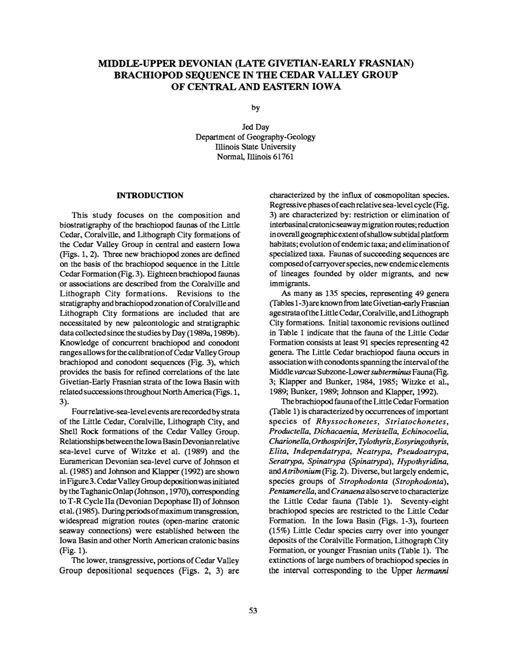 Middle-Upper Devonian (Late Givetian-Early Frasnian) Brachiopod Sequence in the Cedar Valley Group of Central and Eastern Iowa