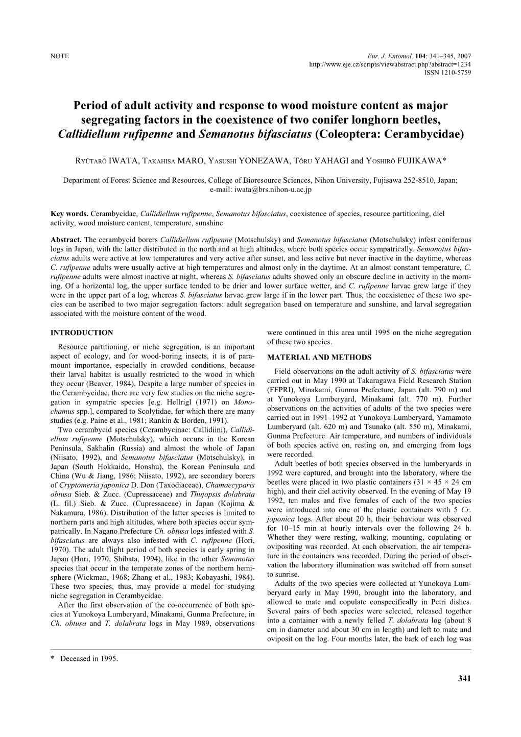 Period of Adult Activity and Response to Wood Moisture Content As Major