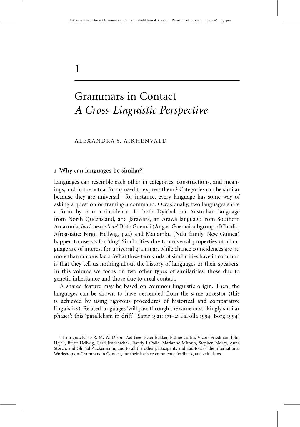 1 Grammars in Contact a Cross-Linguistic Perspective