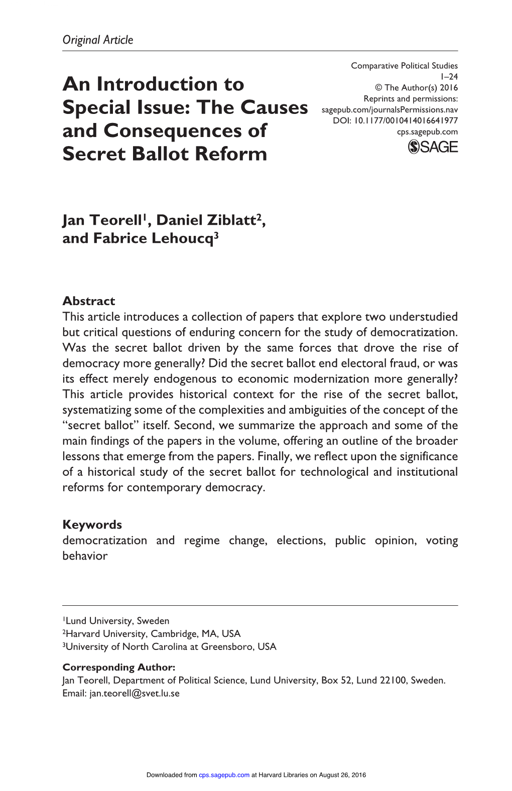 An Introduction to Special Issue: the Causes and Consequences of Secret Ballot Reform