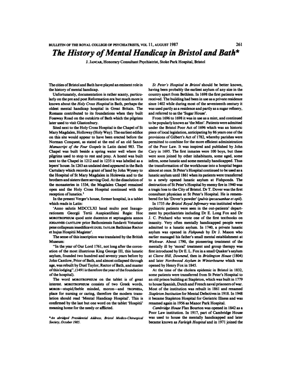 The History of Mental Handicap in Bristol and Bath*