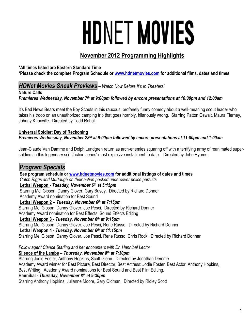 Hdnet Movies November 2012 Program Highlights