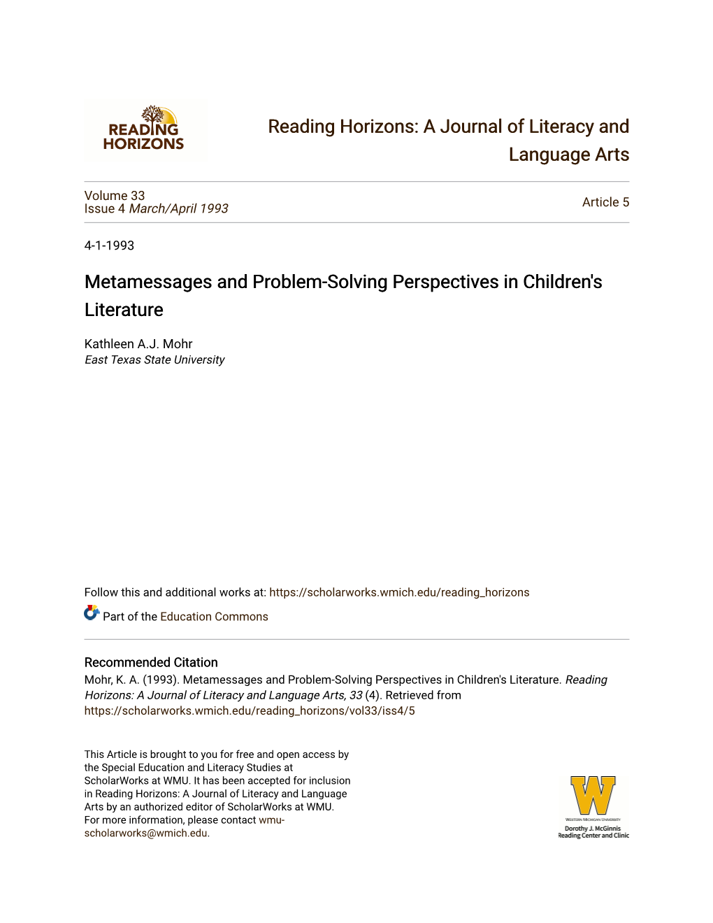 Metamessages and Problem-Solving Perspectives in Children's Literature