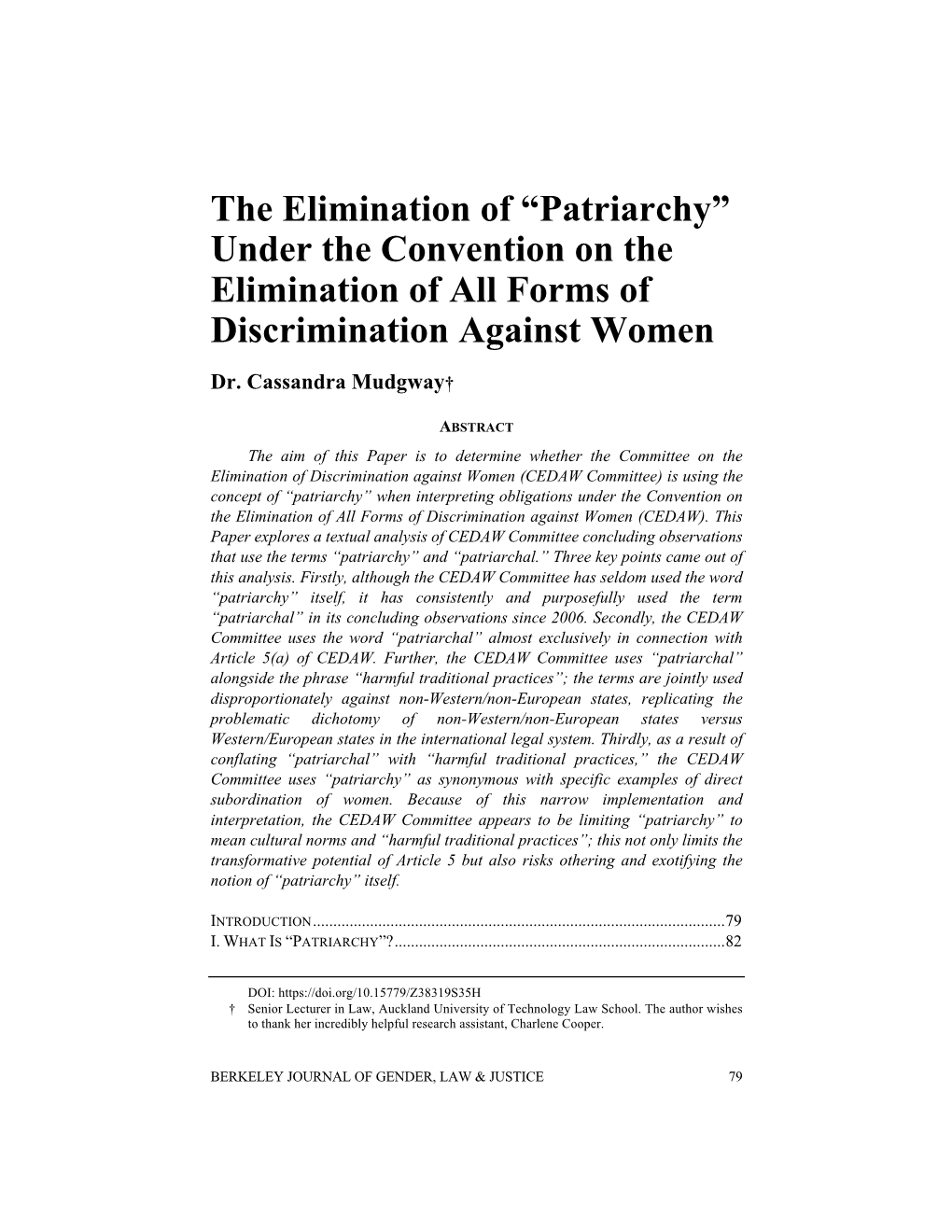 “Patriarchy” Under the Convention on the Elimination of All Forms of Discrimination Against Women