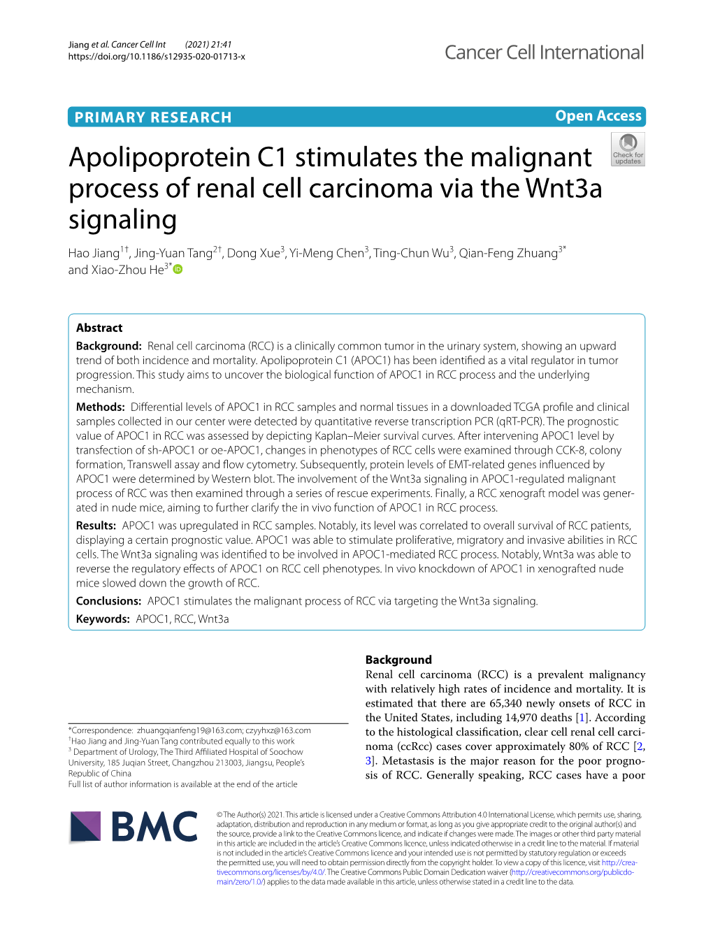 Apolipoprotein C1 Stimulates the Malignant Process of Renal Cell