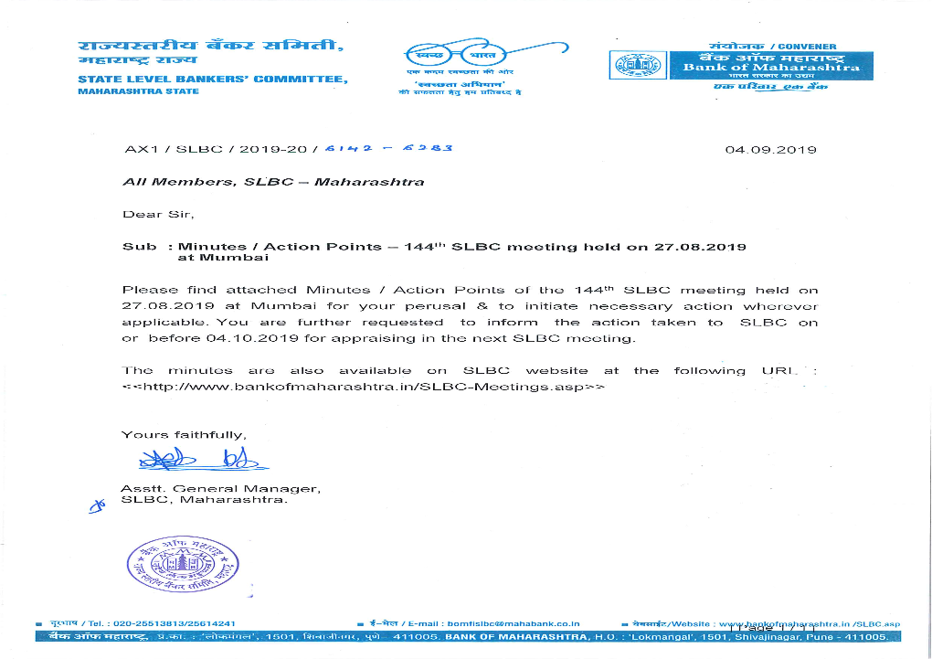 No. AX1 / SLBC – 144 / Minutes / 2019-20 August 30, 2019