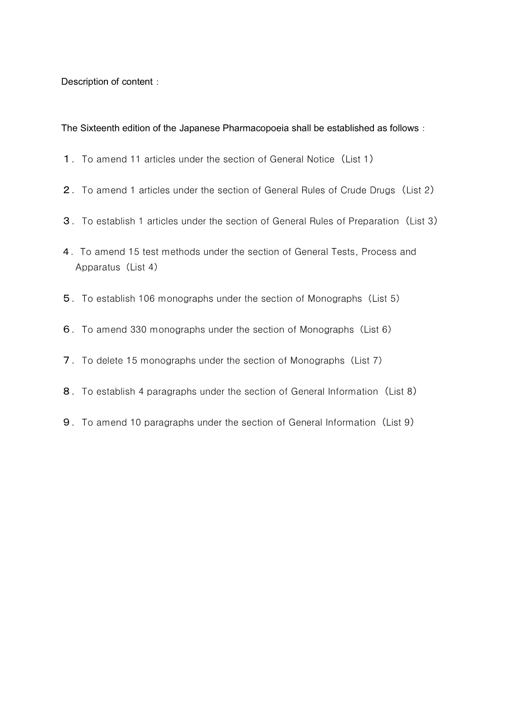 The Sixteenth Edition of the Japanese Pharmacopoeia Shall Be Established As Follows：