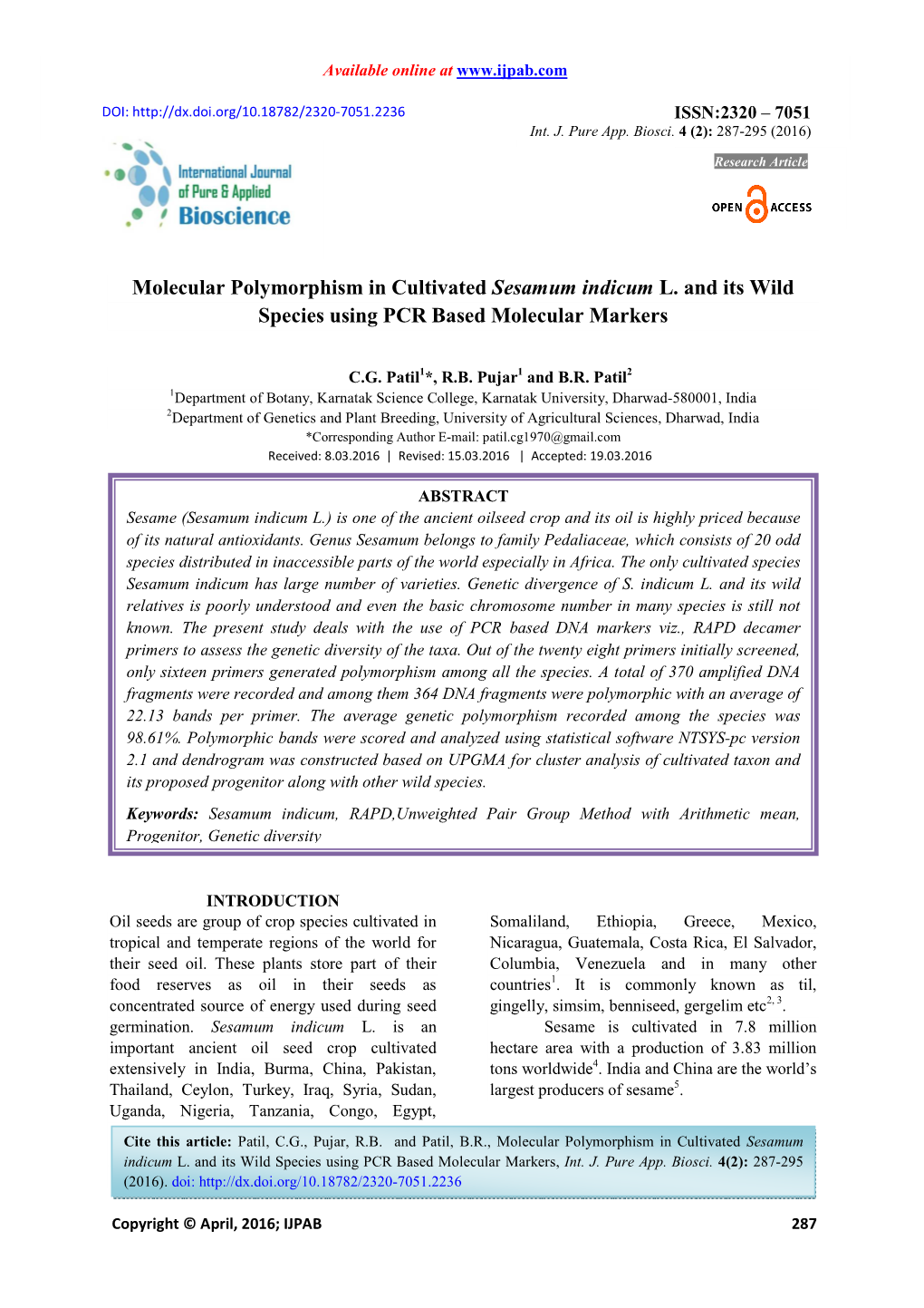 Molecular Polymorphism in Cultivated Sesamum Indicum L. and Its Wild Species Using PCR Based Molecular Markers