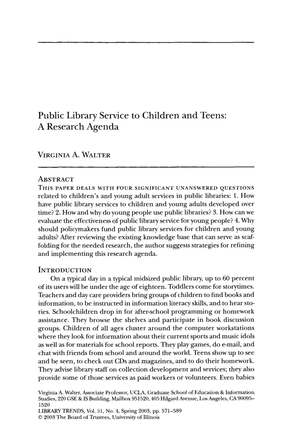 Public Library Service to Children and Teens: a Research Agenda