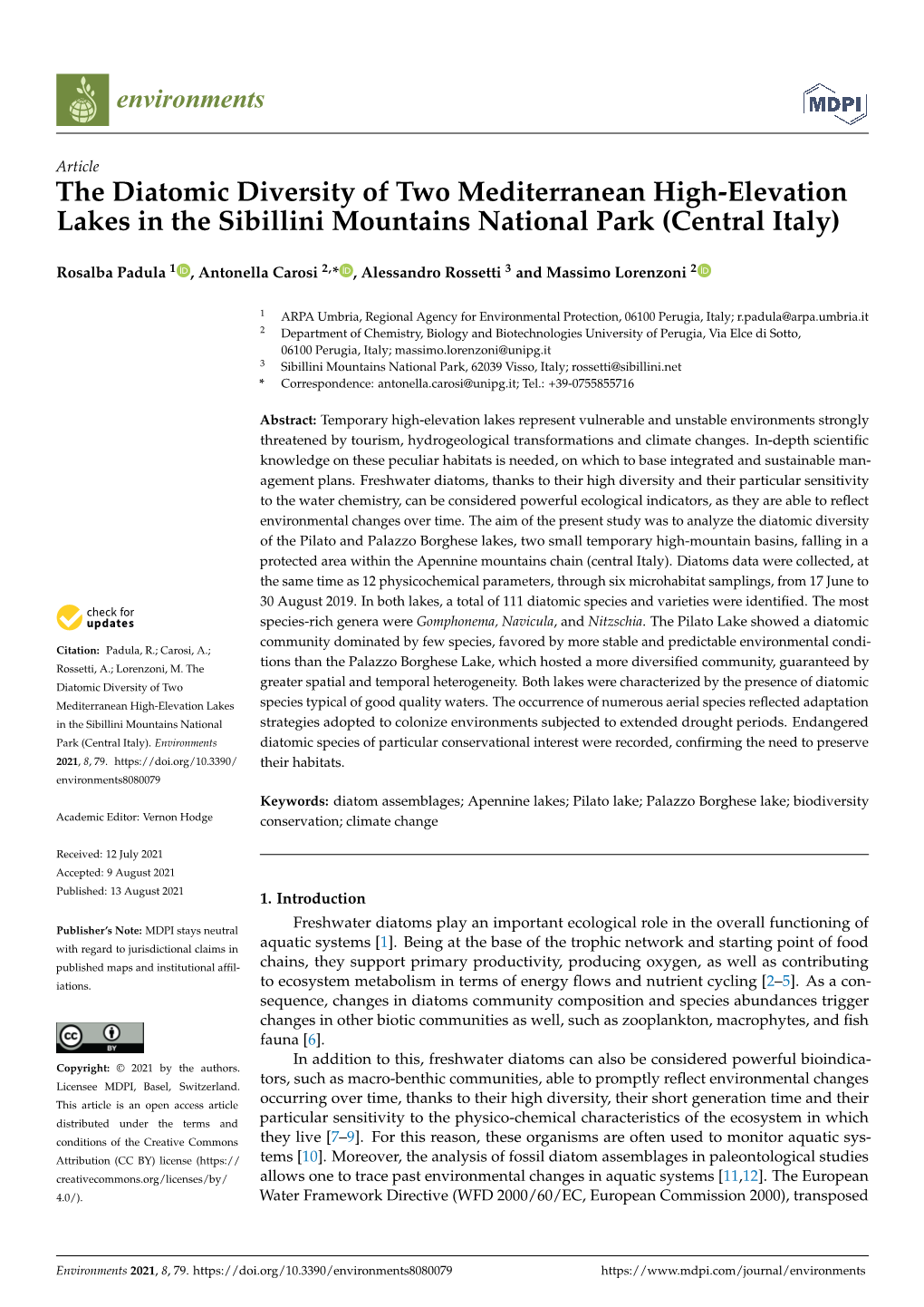 The Diatomic Diversity of Two Mediterranean High-Elevation Lakes in the Sibillini Mountains National Park (Central Italy)