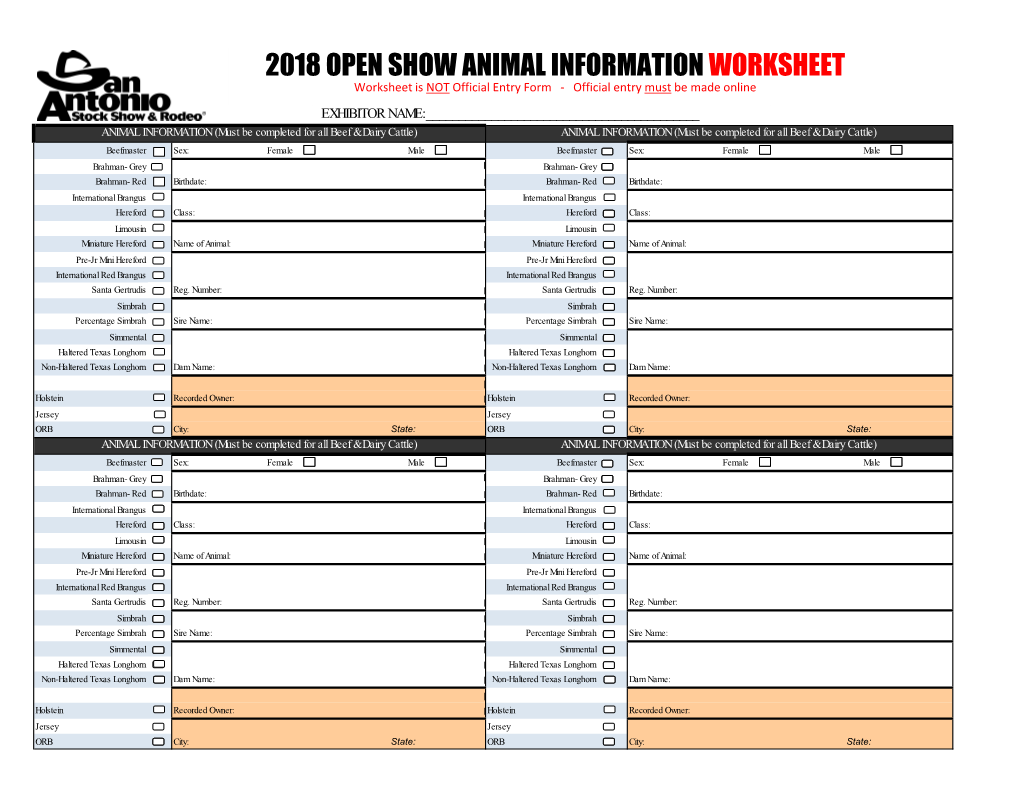 2018 Open Show Animal Information Worksheet