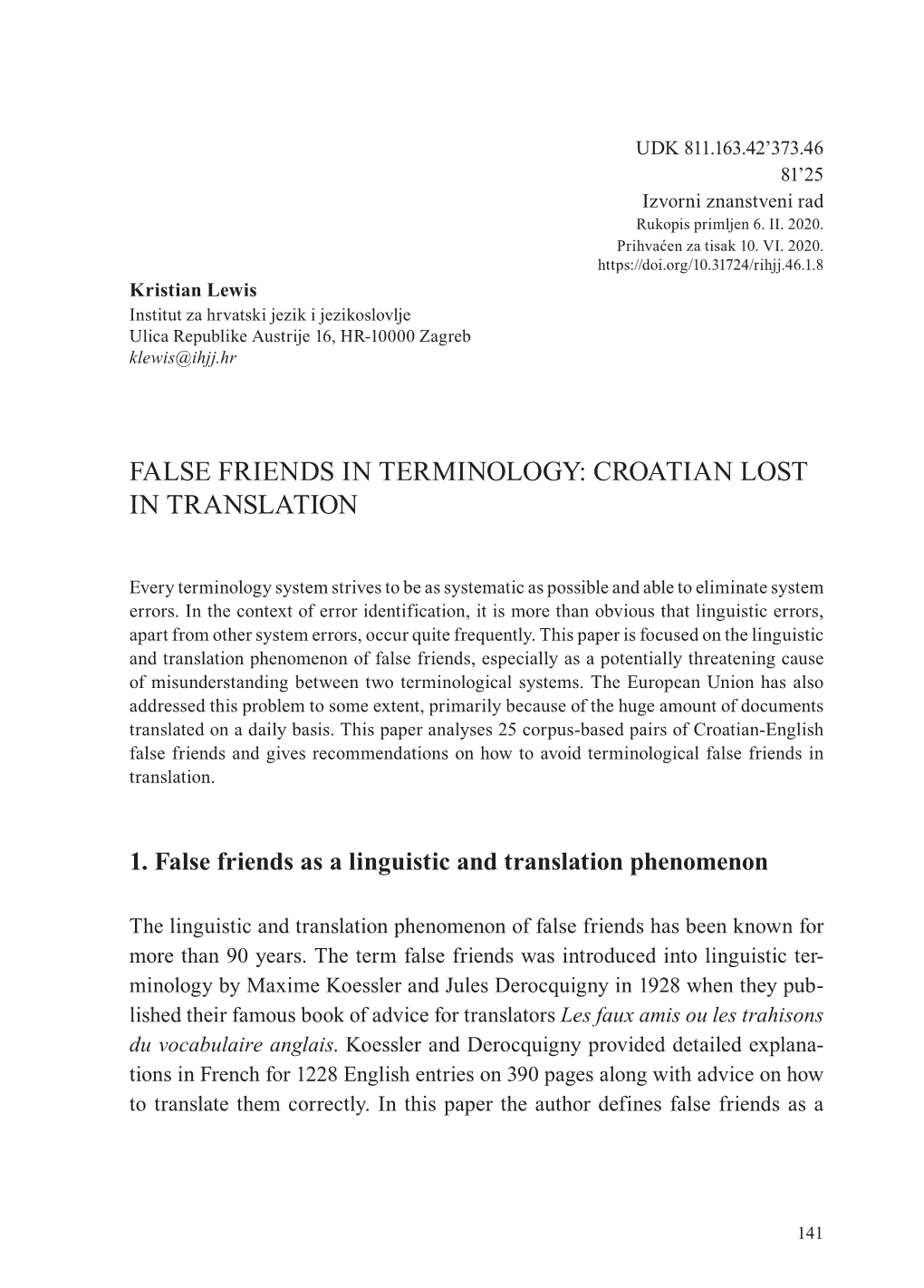 False Friends in Terminology: Croatian Lost in Translation