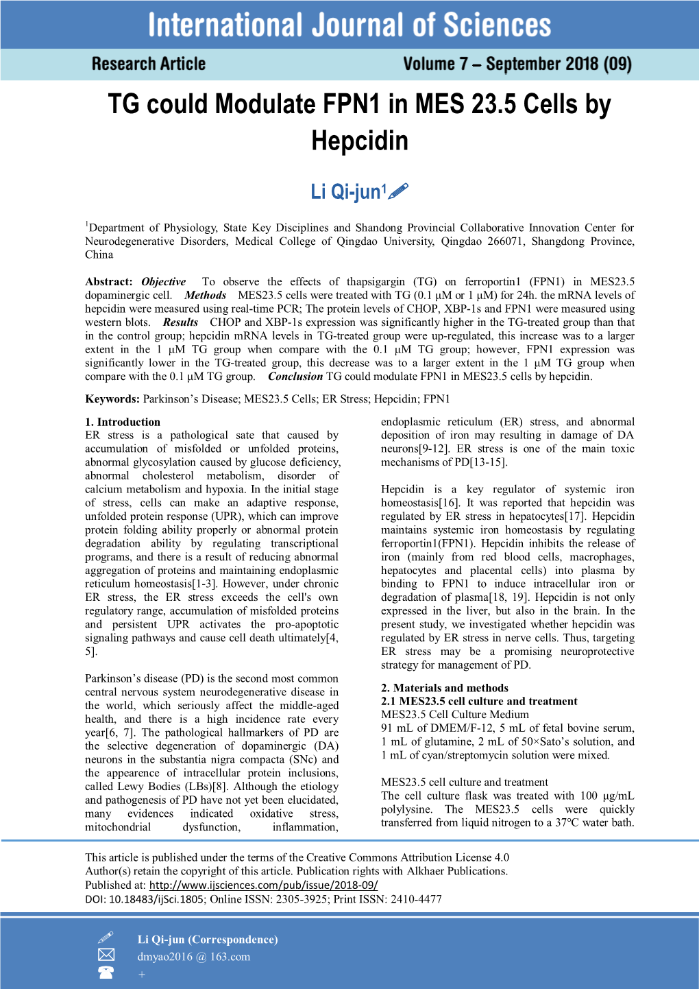 TG Could Modulate FPN1 in MES 23.5 Cells by Hepcidin