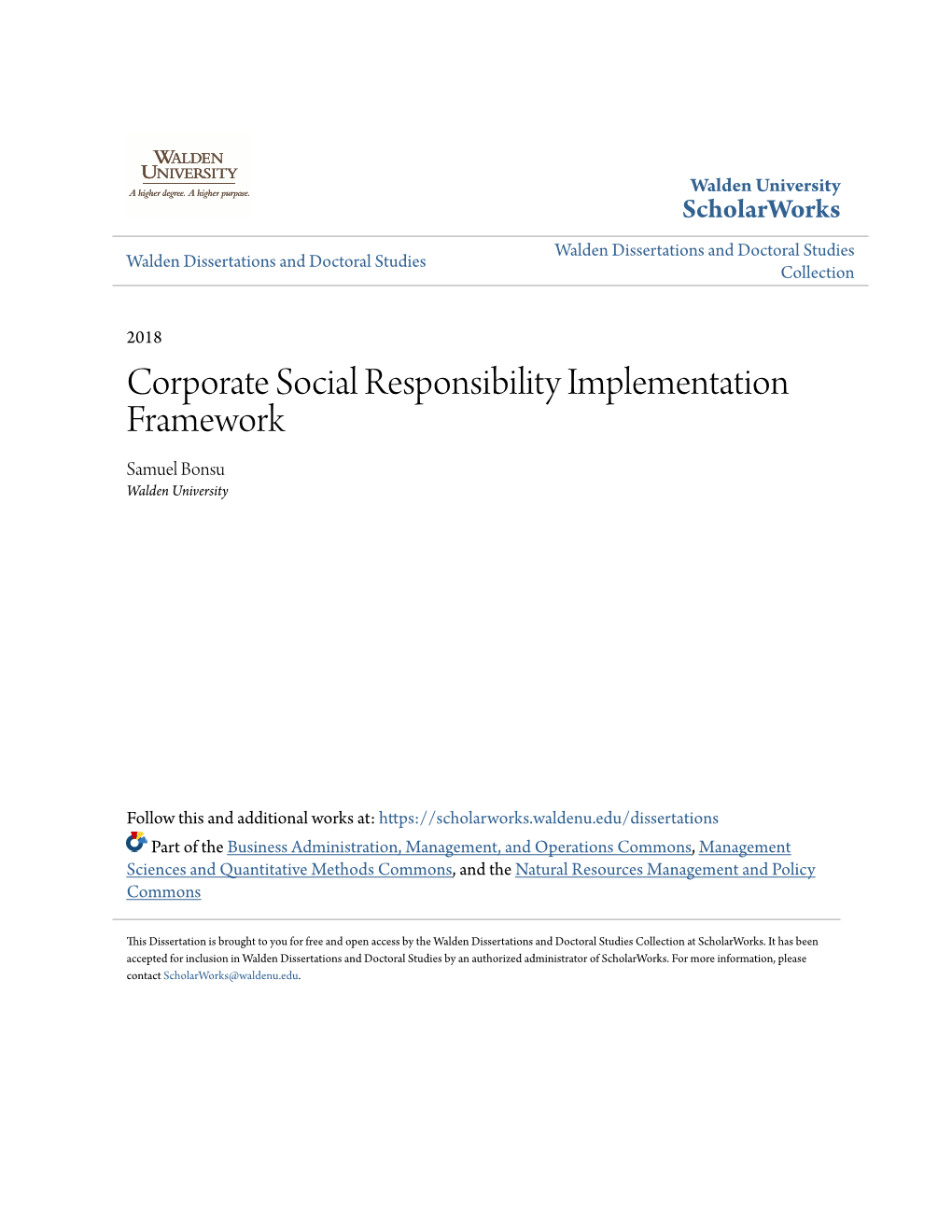 Corporate Social Responsibility Implementation Framework Samuel Bonsu Walden University