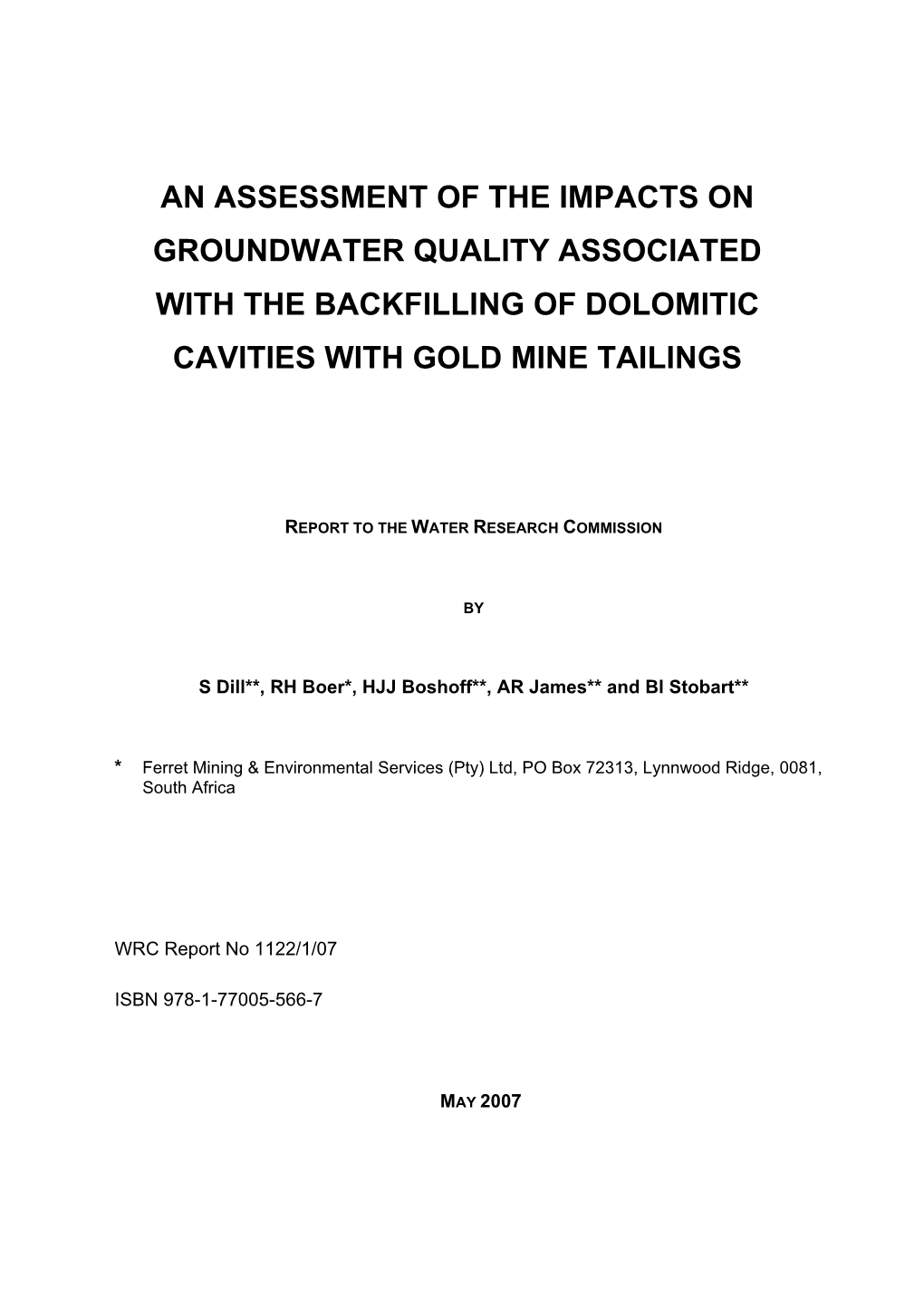An Assessment of the Impacts on Groundwater Quality Associated with the Backfilling of Dolomitic Cavities with Gold Mine Tailings