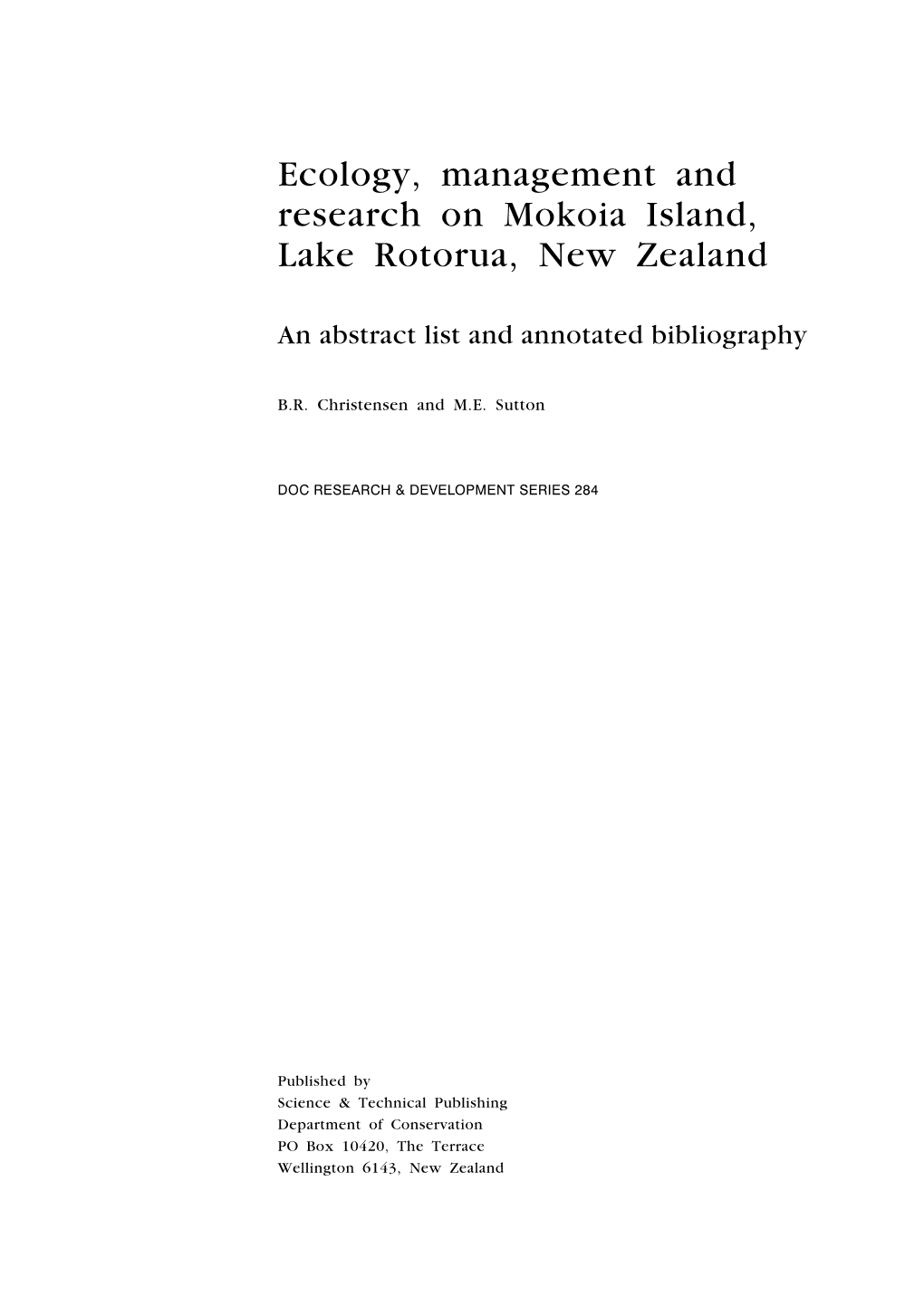 Ecology, Management and Research on Mokoia Island, Lake Rotorua, New Zealand