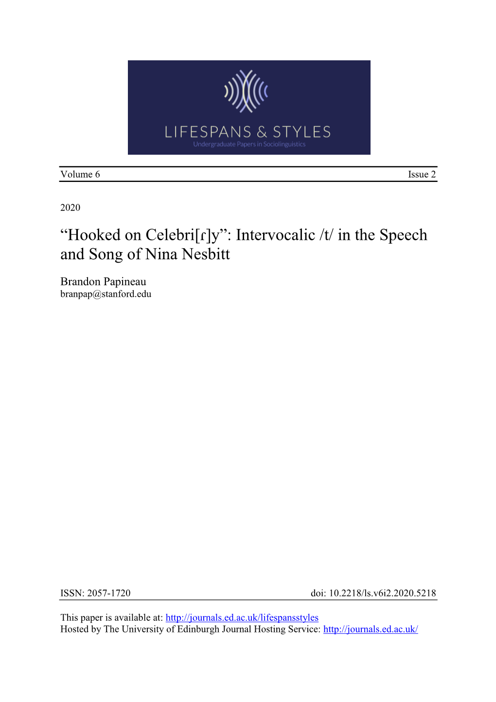 “Hooked on Celebri[ɾ]Y”: Intervocalic /T/ in the Speech and Song of Nina Nesbitt