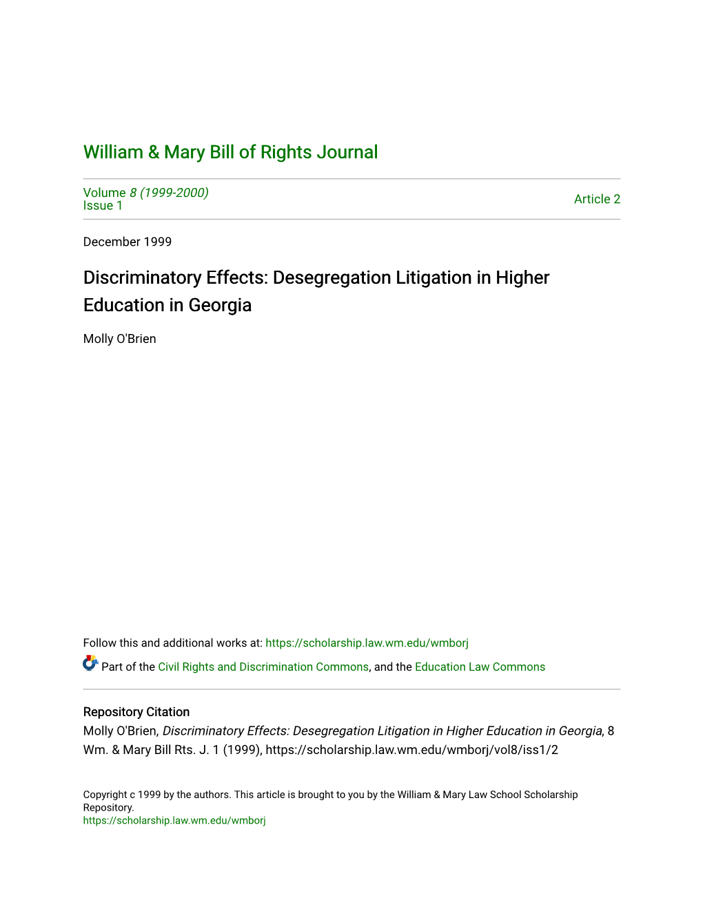Discriminatory Effects: Desegregation Litigation in Higher Education in Georgia