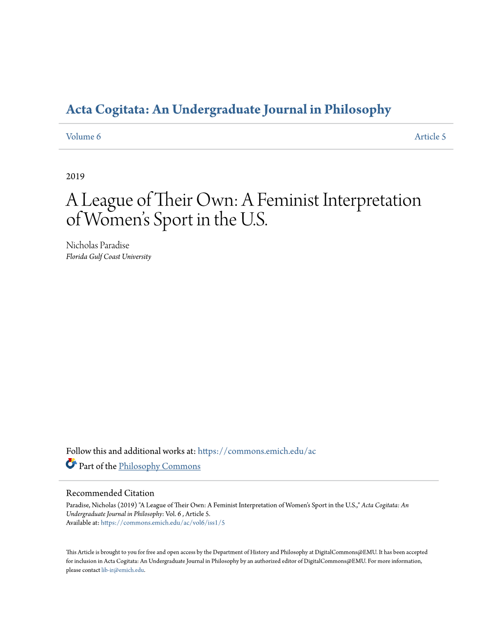 A League of Their Own: a Feminist Interpretation of Women’S Sport in the U.S