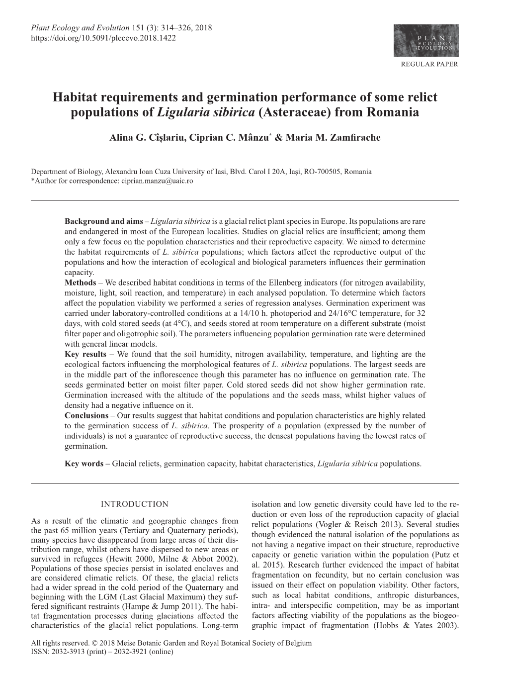 Habitat Requirements and Germination Performance of Some Relict Populations of Ligularia Sibirica (Asteraceae) from Romania