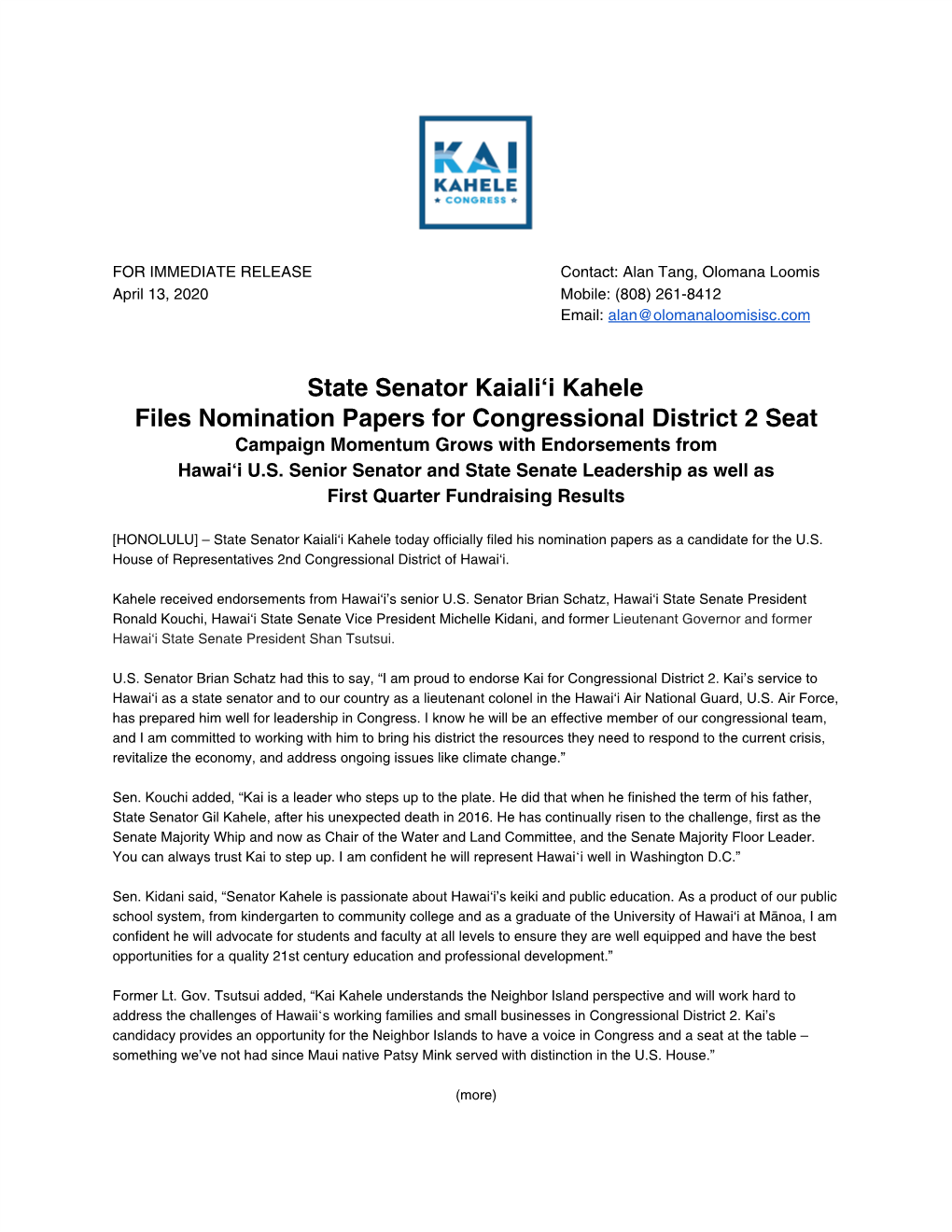 State Senator Kaiali'i Kahele Files Nomination Papers For