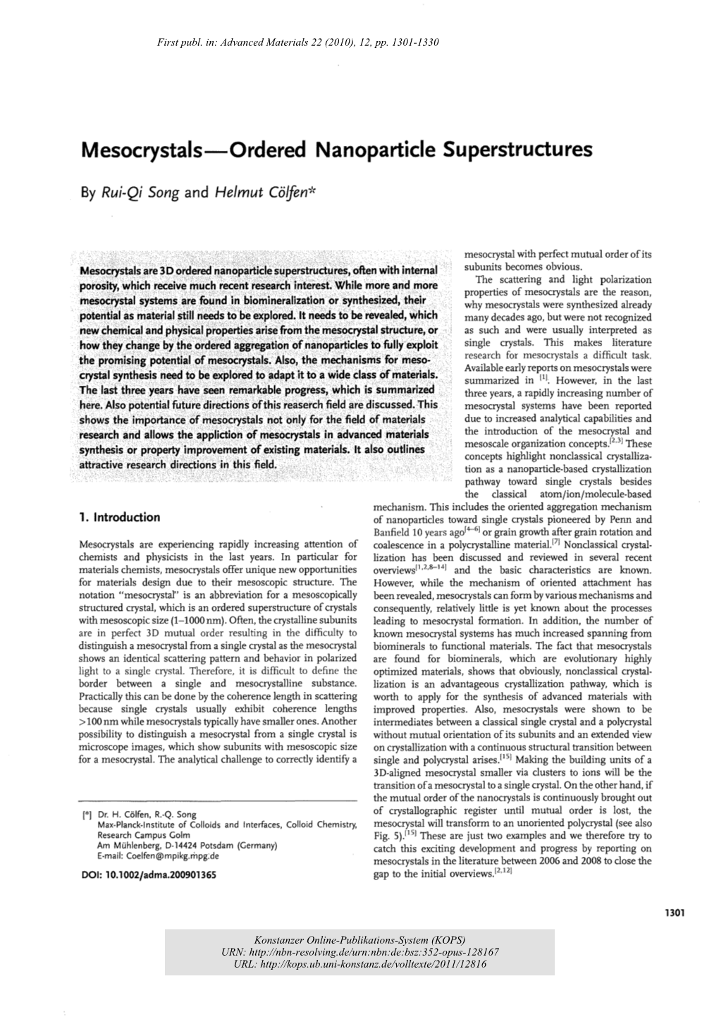 Mesocrystals : Ordered Nanoparticle Superstructures