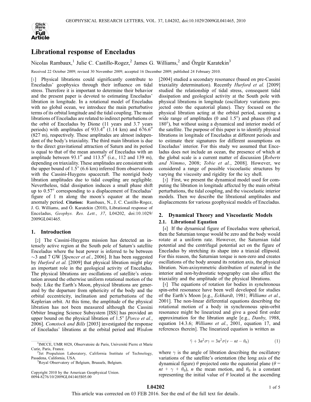 Librational Response of Enceladus Nicolas Rambaux,1 Julie C