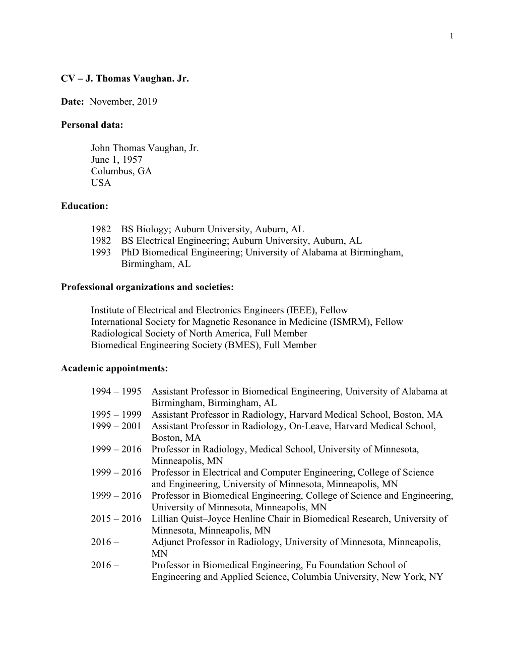 CV – J. Thomas Vaughan. Jr. Date