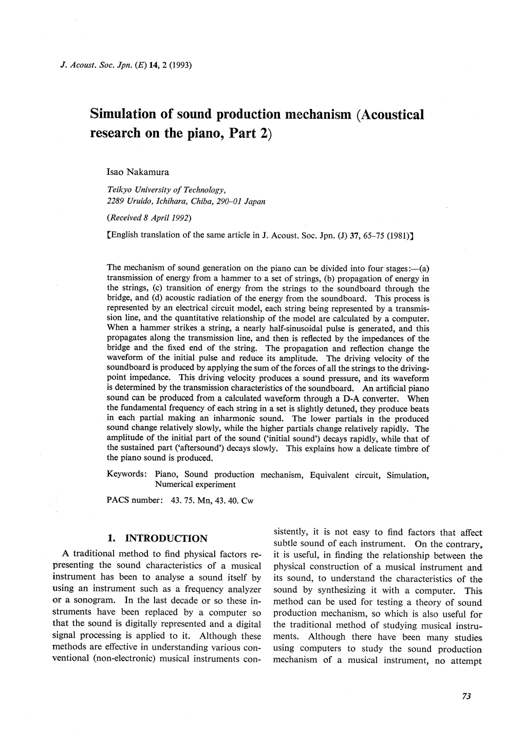 Simulation of Sound Production Mechanism (Acoustical Research on the Piano, Part 2)