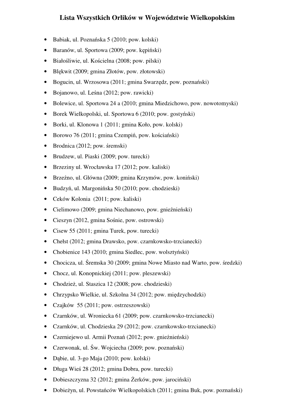 Lista Wszystkich Orlików W Województwie Wielkopolskim