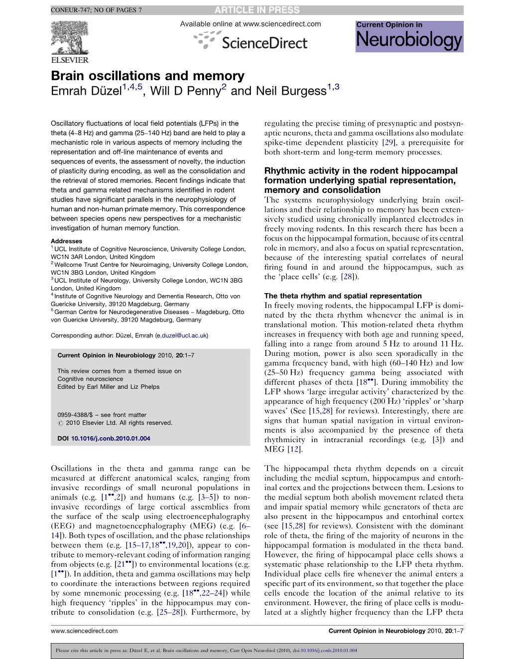 Brain Oscillations and Memory Emrah Du¨ Zel1,4,5, Will D Penny2 and Neil Burgess1,3